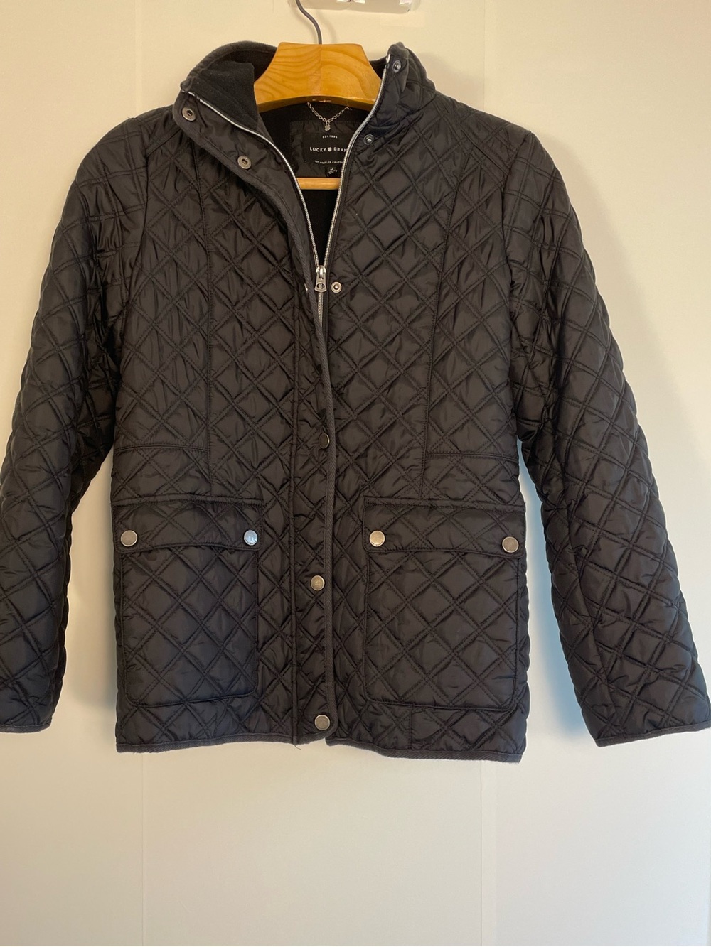 LUCKY BRAND Black Diamond Quilted Barn Jacket Coat Puffer Silver Snaps Size M